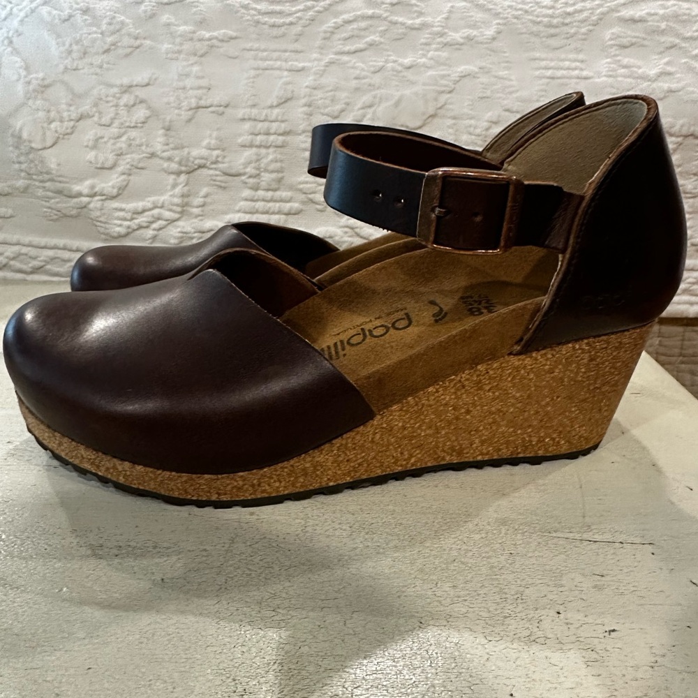 Papillio by Birkenstock Dark Brown Mary Leather Wedges Size 38/8 NWOT and Box